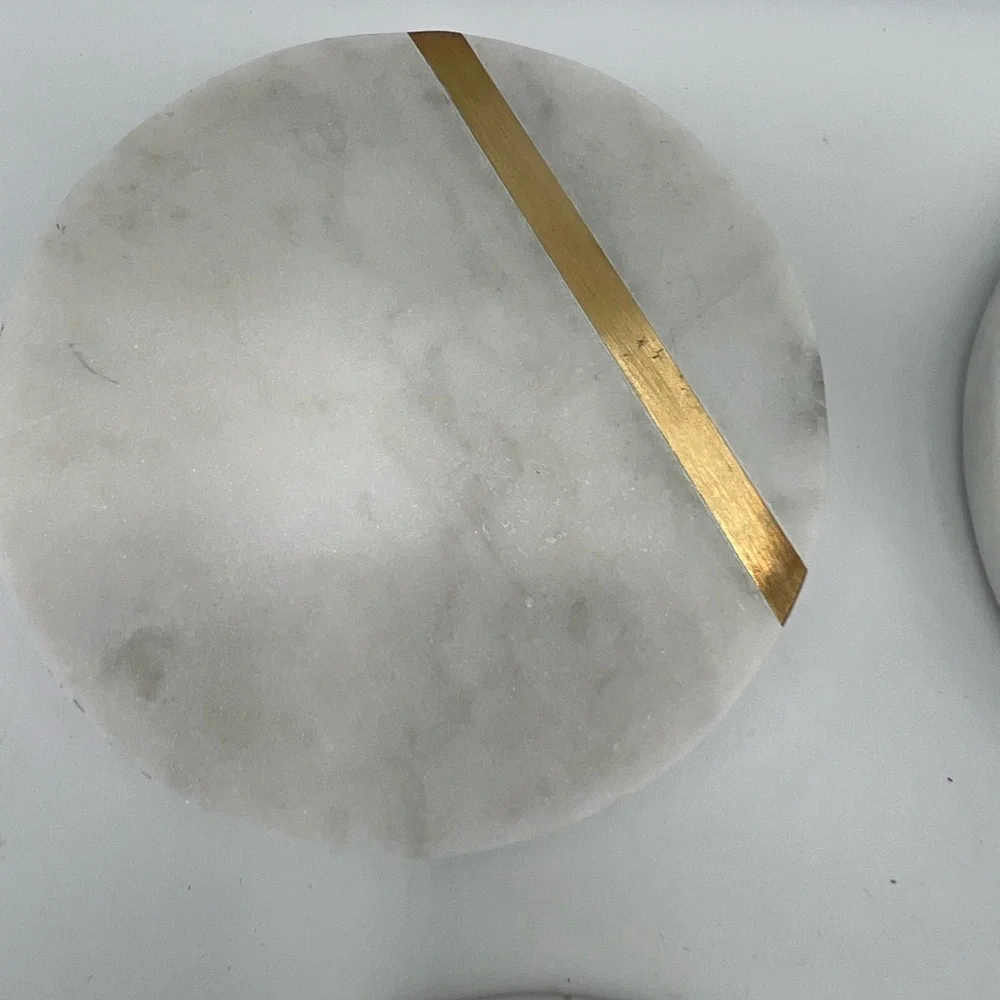 Cork & Mill Marble Coasters Set of 4  White Marble Gold Brass Bar Contemporary